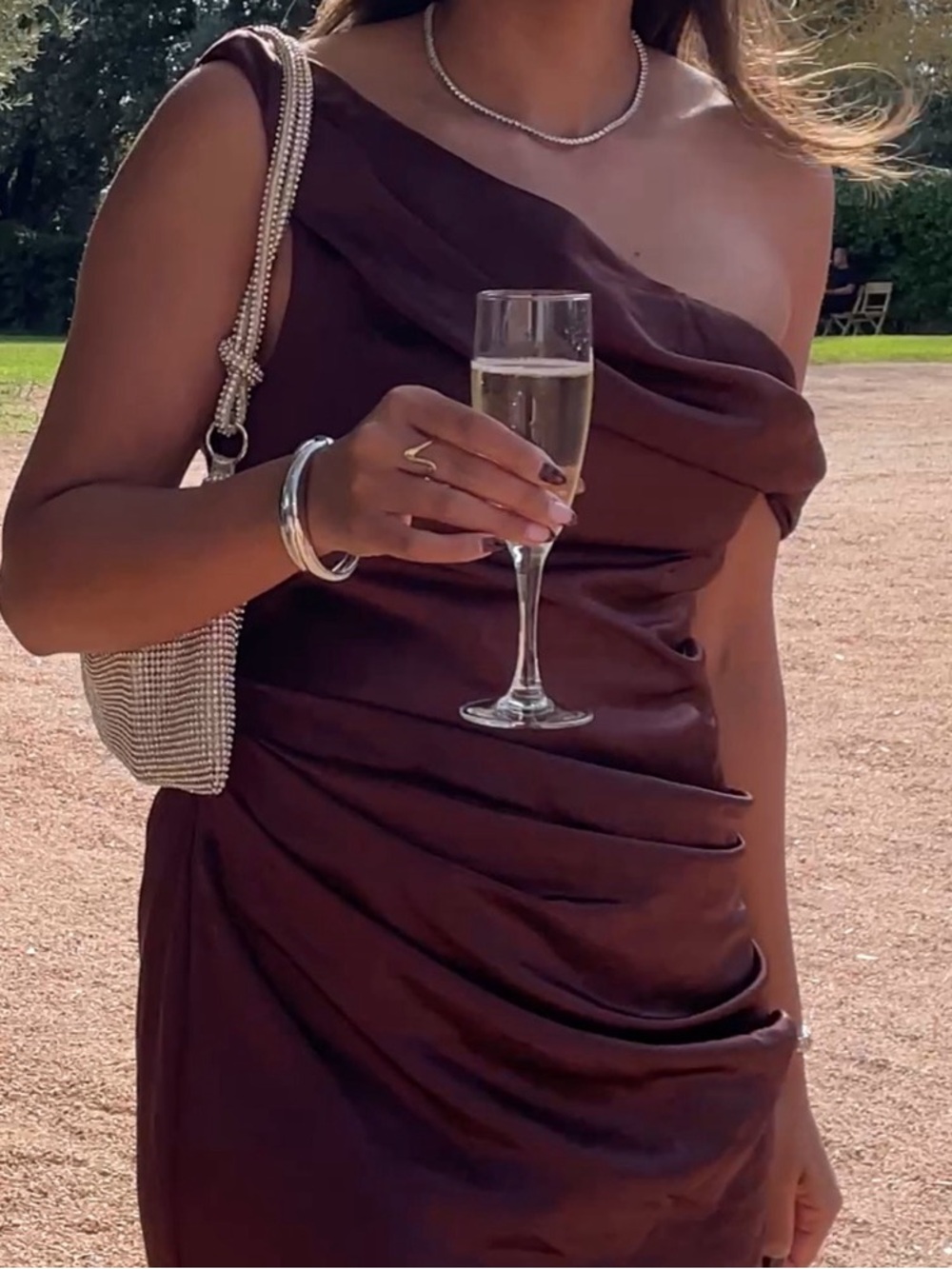 NWT Meshki Dalia Off Shoulder Satin Maxi Dress - Dark Chocolate - Picture 3 of 5